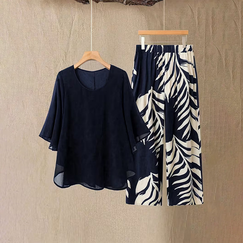 📢📢49% OFF !! ⏰Wemon's Elegant Flowy Top & Printed Pants Set