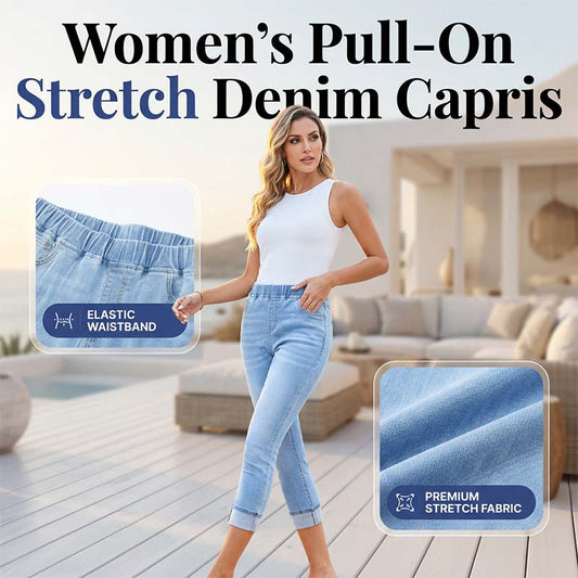 🥳2026 HOT SALE🥳🔥50K+ SOLD!💙 50% OFF! Women’s Pull-On Stretch Denim Capris – No buttons, elastic waist, breathable comfy, 5 pockets, perfect daily wear!