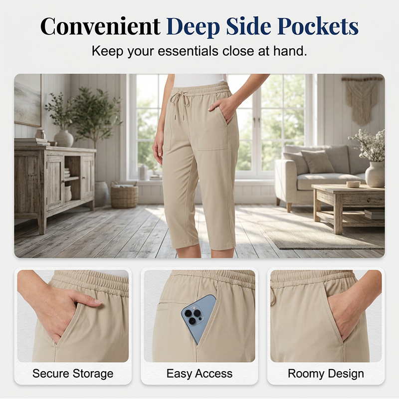 Women's Casual Cotton Linen Capri Pants with Pockets