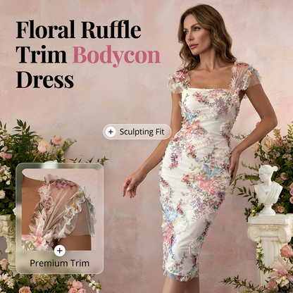 Floral Ruffle Trim Bodycon Midi Dress