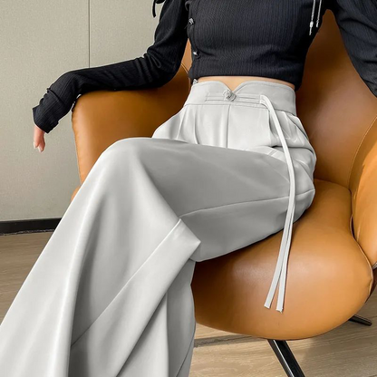 High-Waist Wide-Leg Pants with Frog Button Detail