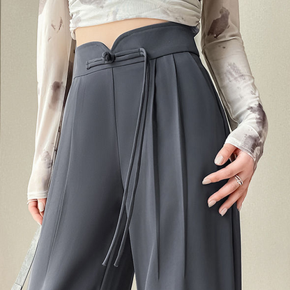 High-Waist Wide-Leg Pants with Frog Button Detail