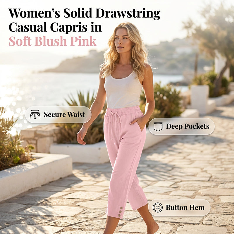 Women's Solid Drawstring Cotton Linen Capris