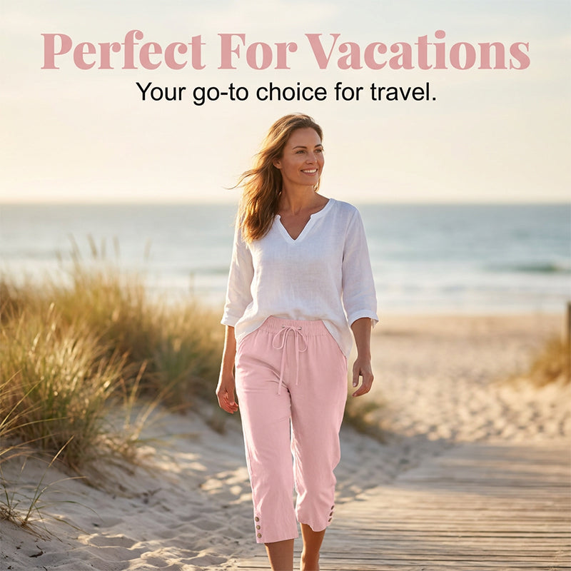 Women's Solid Drawstring Cotton Linen Capris