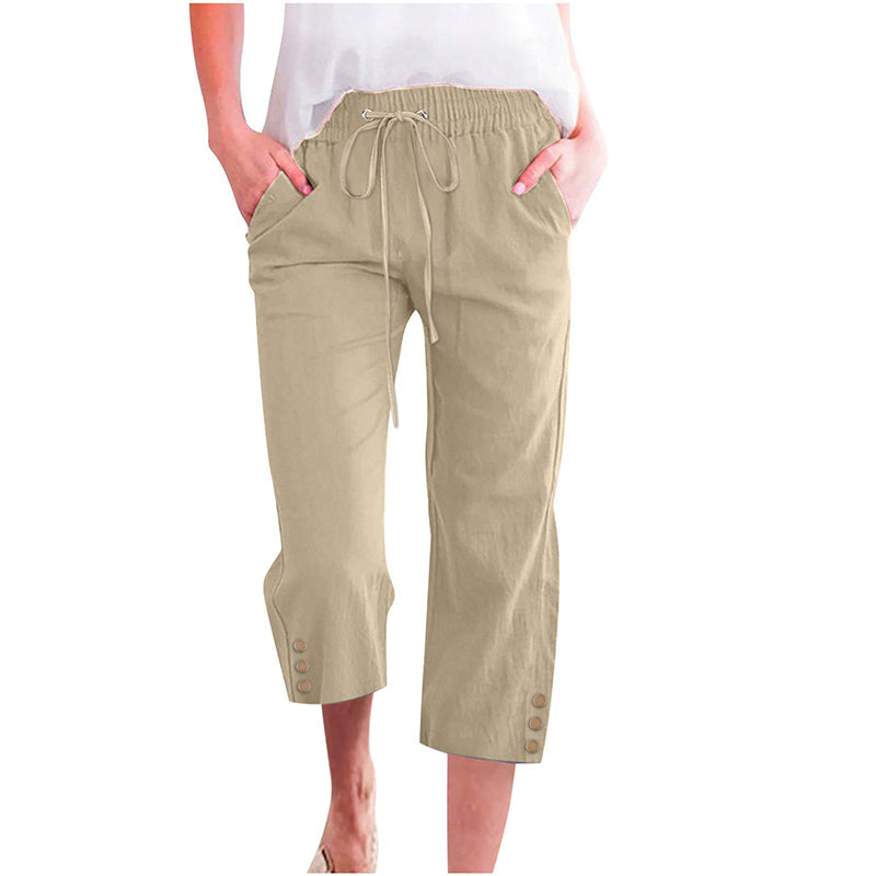Women's Solid Drawstring Cotton Linen Capris
