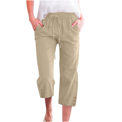 Women's Solid Drawstring Cotton Linen Capris