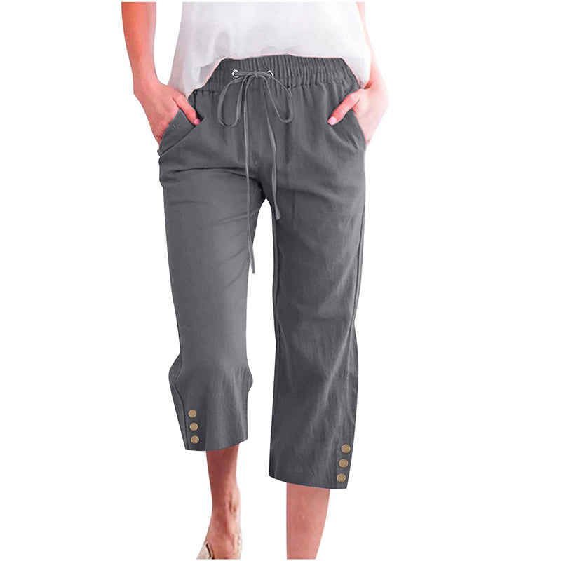 Women's Solid Drawstring Cotton Linen Capris