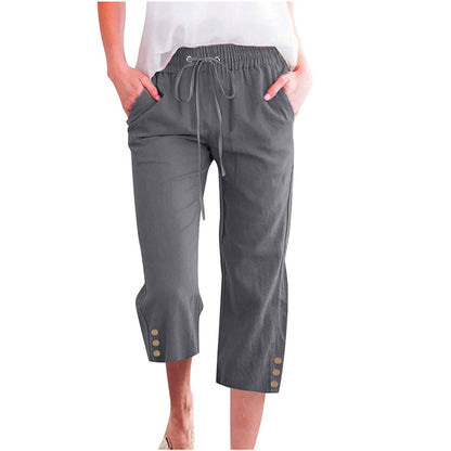 Women's Solid Drawstring Cotton Linen Capris