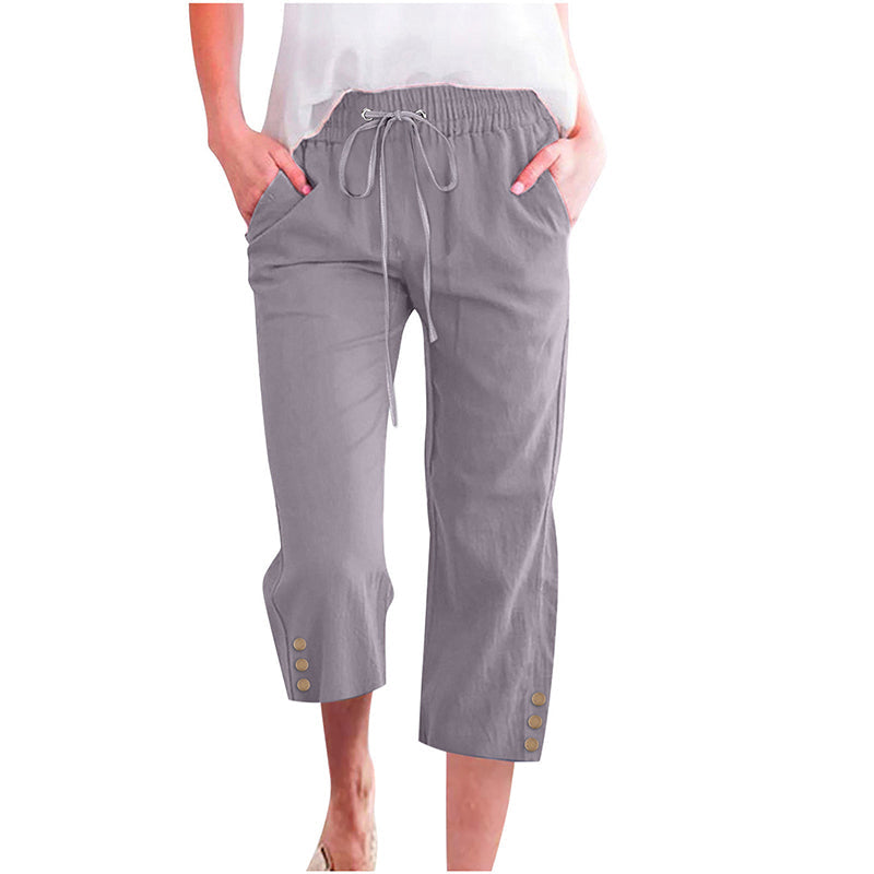 Women's Solid Drawstring Cotton Linen Capris