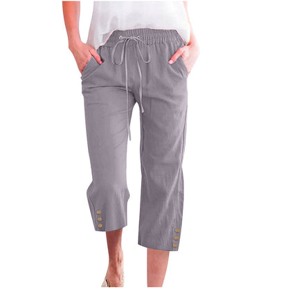 Women's Solid Drawstring Cotton Linen Capris