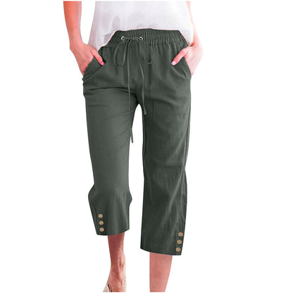 Women's Solid Drawstring Cotton Linen Capris