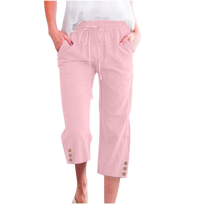 Women's Solid Drawstring Cotton Linen Capris