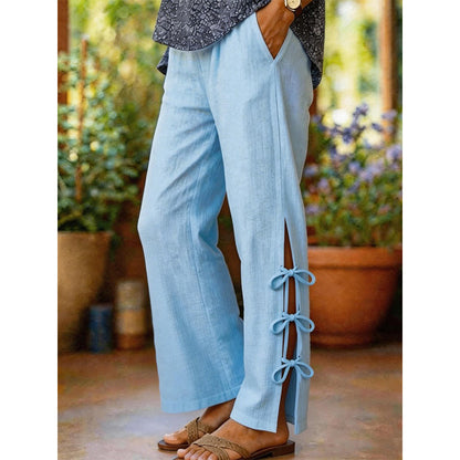 Solid Color Bow-Knot Detail Casual Trousers