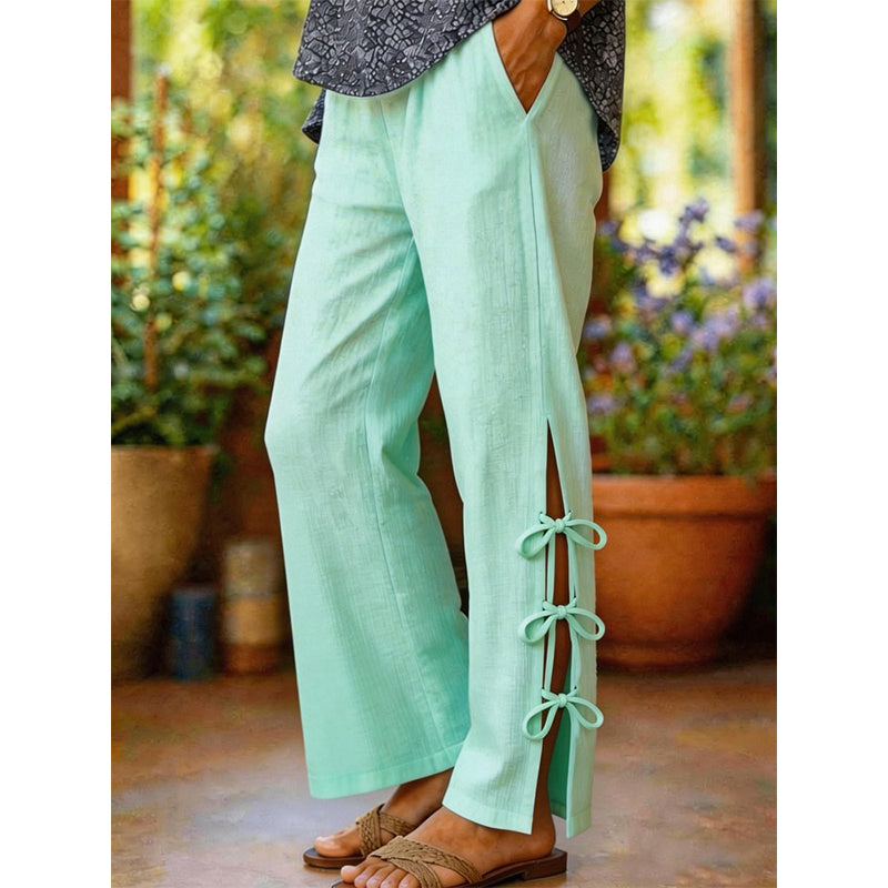 Solid Color Bow-Knot Detail Casual Trousers