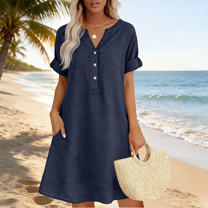 Women's Casual V-Neck Tunic Dress with Pockets