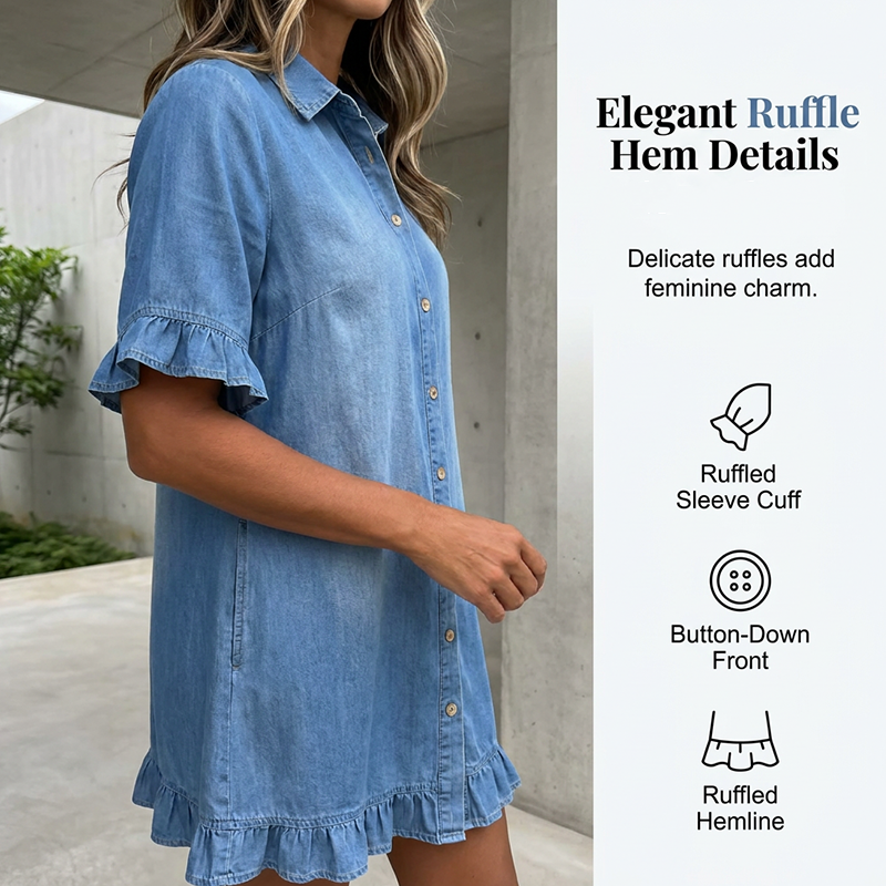 Loose Fit Denim Shirt Dress with Ruffles