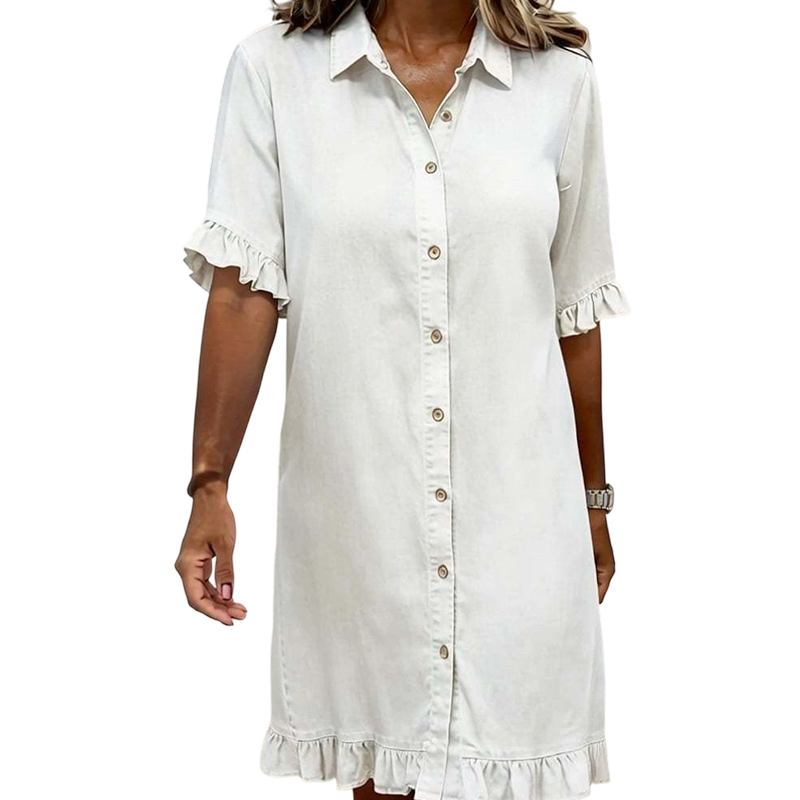 Loose Fit Denim Shirt Dress with Ruffles