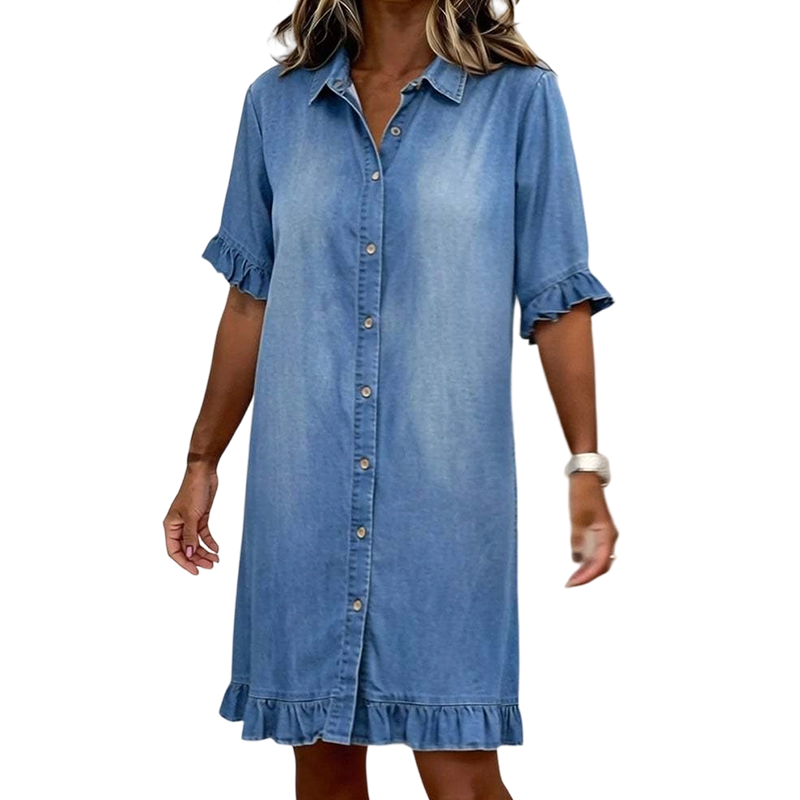 Loose Fit Denim Shirt Dress with Ruffles