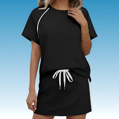 Women's Sporty Crew Neck T-Shirt and Drawstring Skirt Set