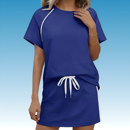 Women's Sporty Crew Neck T-Shirt and Drawstring Skirt Set