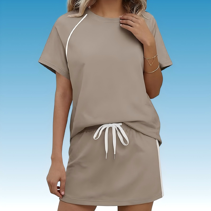 Women's Sporty Crew Neck T-Shirt and Drawstring Skirt Set