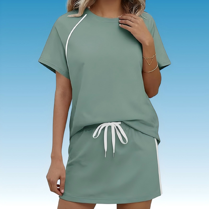 Women's Sporty Crew Neck T-Shirt and Drawstring Skirt Set