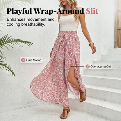 Women's Smocked Waist Wide-Leg Pants with Slit