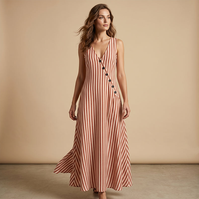 Women's Casual V-Neck Striped Sleeveless Maxi Dress