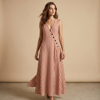 Women's Casual V-Neck Striped Sleeveless Maxi Dress