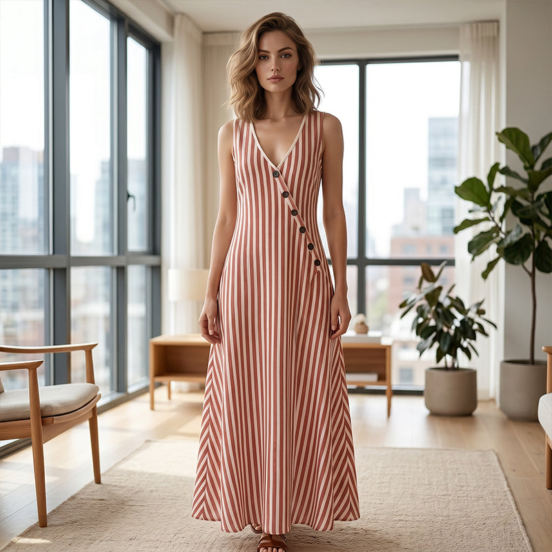 Women's Casual V-Neck Striped Sleeveless Maxi Dress