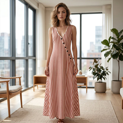 Women's Casual V-Neck Striped Sleeveless Maxi Dress
