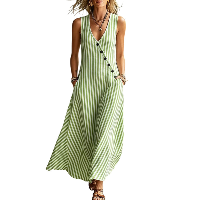 Women's Casual V-Neck Striped Sleeveless Maxi Dress