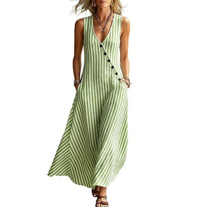Women's Casual V-Neck Striped Sleeveless Maxi Dress
