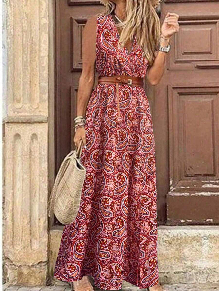 LUNE Holiday Leisure Paisley Print Sleeveless Dress