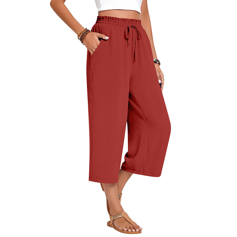 Women's Cotton Linen Wide Leg Capri Pants