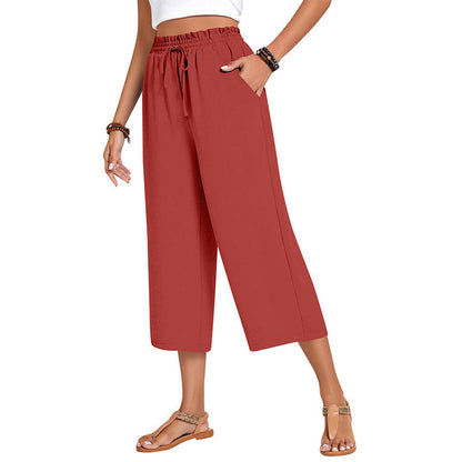 Women's Cotton Linen Wide Leg Capri Pants