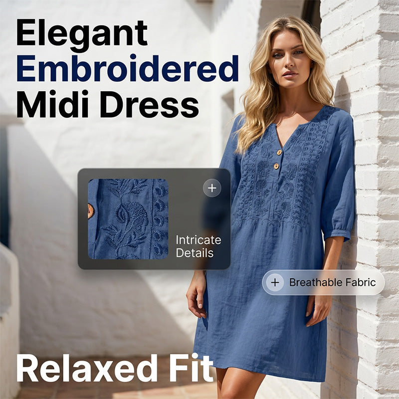 Women's Embroidered V-Neck Linen Dress