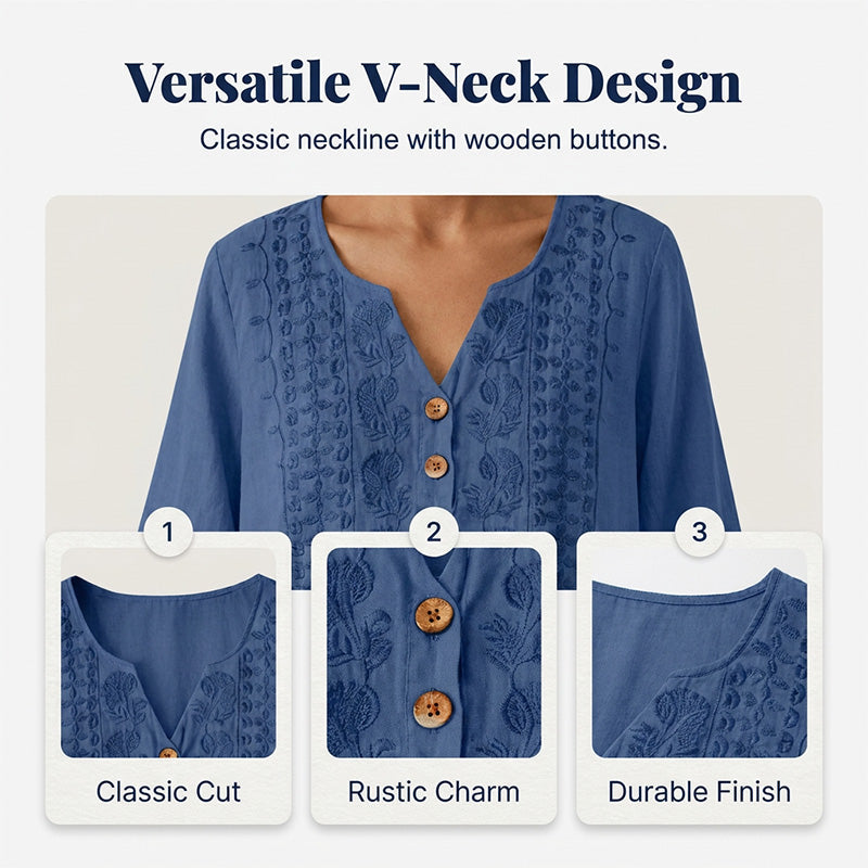 Women's Embroidered V-Neck Linen Dress