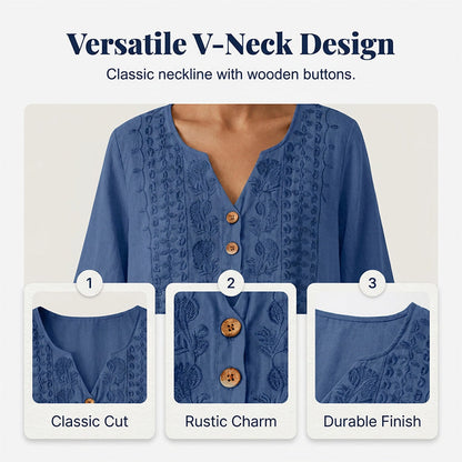 Women's Embroidered V-Neck Linen Dress