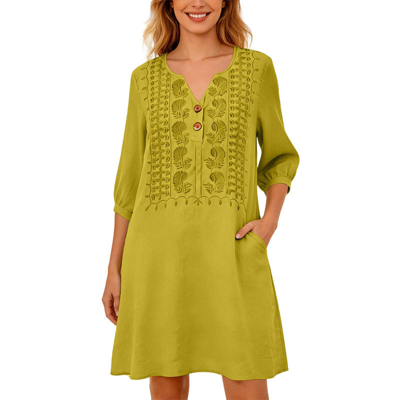 Women's Embroidered V-Neck Linen Dress