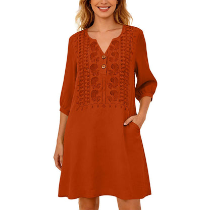 Women's Embroidered V-Neck Linen Dress