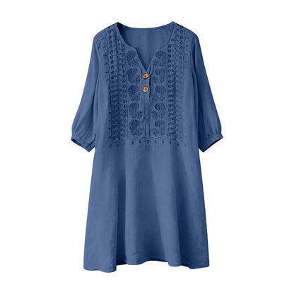 Women's Embroidered V-Neck Linen Dress