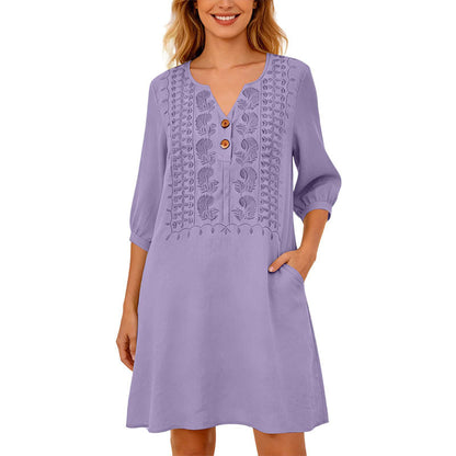 Women's Embroidered V-Neck Linen Dress