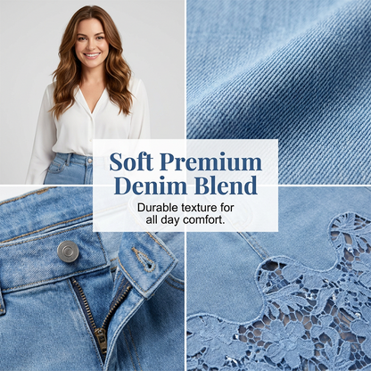 Women's Denim Bodycon Skirt with Hollow Lace Trim💙