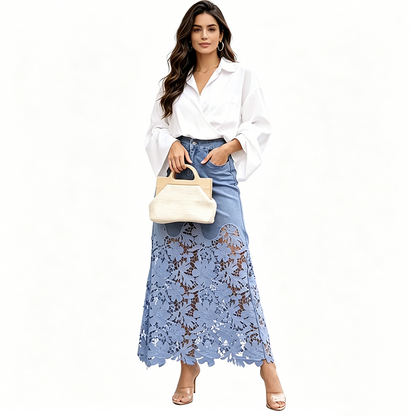 Women's Denim Bodycon Skirt with Hollow Lace Trim💙