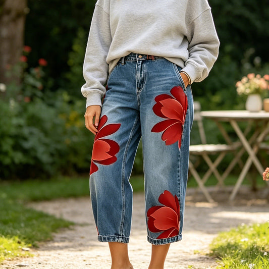 🥳 49% OFF! Artistic Flower Wide-Leg Jeans for Women