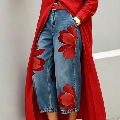 🥳 49% OFF! Artistic Flower Wide-Leg Jeans for Women