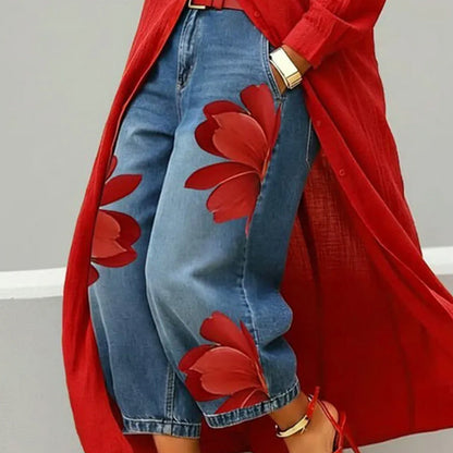 🥳 49% OFF! Artistic Flower Wide-Leg Jeans for Women