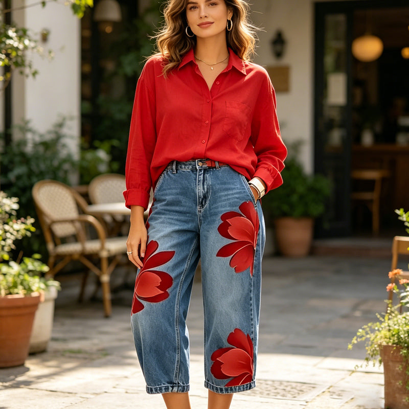 🥳 49% OFF! Artistic Flower Wide-Leg Jeans for Women