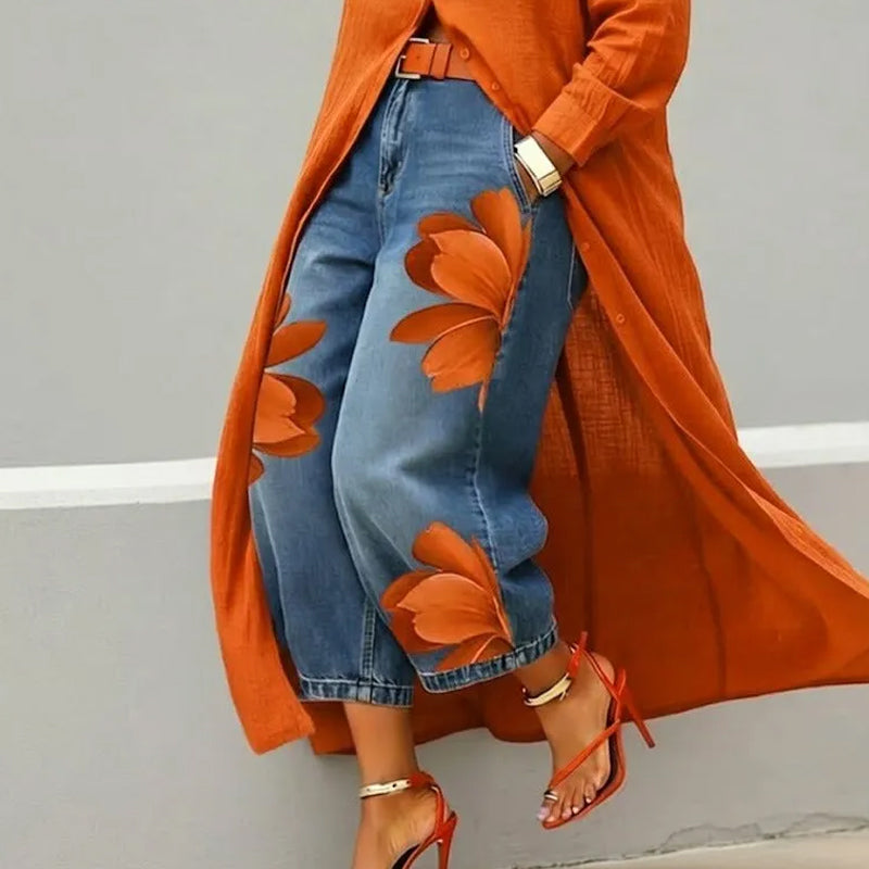 🥳 49% OFF! Artistic Flower Wide-Leg Jeans for Women